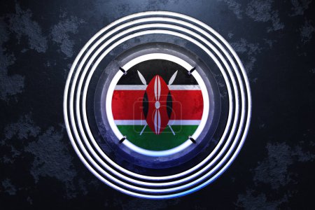 Foto de Ilustración 3D de la bandera nacional de Kenia en un marco redondo de neón rosa y azul sobre un fondo negro. - Imagen libre de derechos