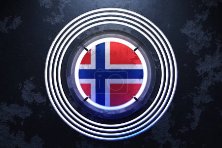 Téléchargez les photos : Illustration 3D du drapeau national de Norvège dans un cadre rond néon rose et bleu sur fond noir. - en image libre de droit