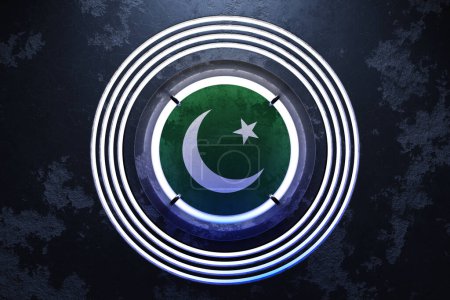 Téléchargez les photos : Illustration 3D du drapeau national du Pakistan dans un cadre rond néon rose et bleu sur fond noir. - en image libre de droit