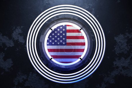 Foto de Ilustración en 3D de la bandera nacional de Estados Unidos en un marco redondo de neón blanco sobre fondo negro. - Imagen libre de derechos