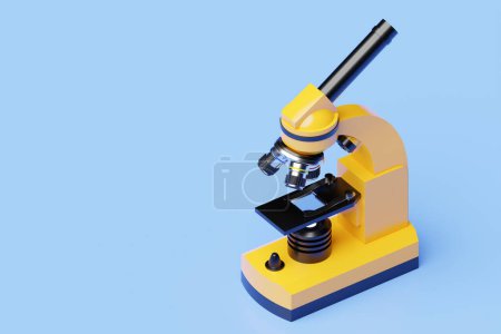 Photo for Realistic yellow  3d microscope on  blue background, laboratory equipment. Microscope for laboratory research - Royalty Free Image