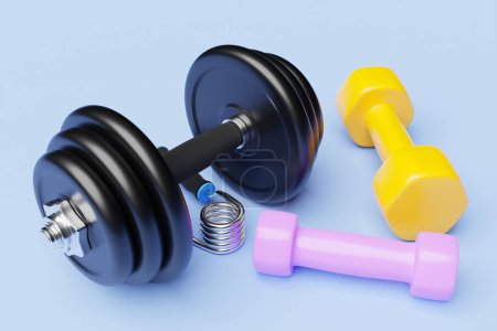 Photo for 3d render illustration of a colorful dumbbell  on  blue   background. Creative concept. - Royalty Free Image