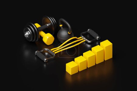 Photo for 3D illustration, black dumbbells, kettlebells,  against the background of a growth graph on a black background. - Royalty Free Image