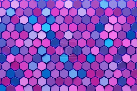 Téléchargez les photos : Illustration en 3D d'un nid d'abeille monochrome bleu et rose pour miel. Modèle de formes hexagonales géométriques simples, fond mosaïque. - en image libre de droit