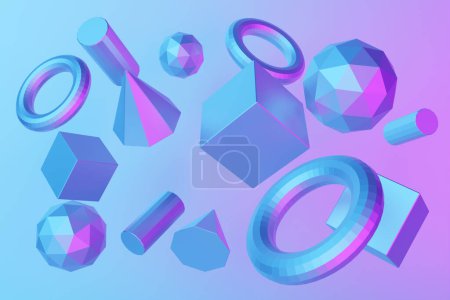 Photo for Close-up 3d monochrome illustration. Different geometric shapes: cube, tetrahedron, cone, cylinder, sphere, pyramids are placed at the same distance. Simple geometric shapes in a row. - Royalty Free Image