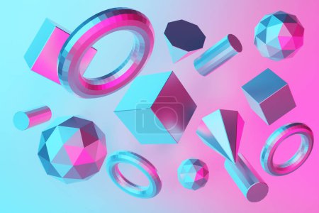 Photo for Set of 3D realistic primitives on a blue background. Isolated graphic elements. Spheres, torus, tubes, cones and other geometric shapes in pink, holographic color glass for trendy designs. - Royalty Free Image