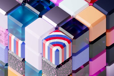 Foto de 3D illustration volumetric  colorful  cubes. Parallelogram pattern. Technology geometry neon background - Imagen libre de derechos