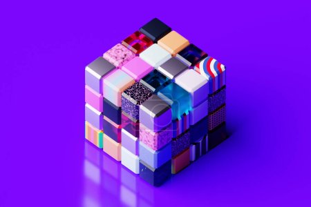 3D illustration of a multicolored cube from many geometric objects of different textures and colors on a purple  background