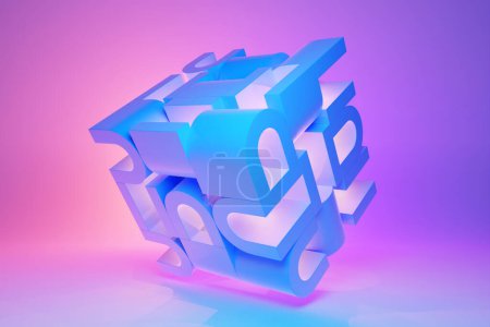 Téléchargez les photos : 3D illustration, neon illusion isometric abstract shapes colorful shapes intertwined - en image libre de droit