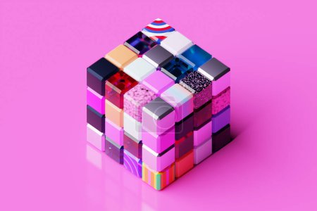 Foto de Ilustración 3D de un cubo multicolor de muchos objetos geométricos de diferentes texturas y colores sobre un fondo rosa - Imagen libre de derechos