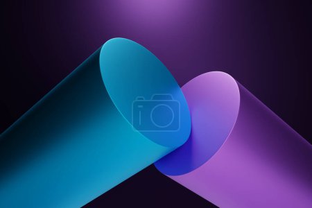 Photo for 3d render geometric background. Abstract blue neon glowing cylinders.  mockup with empty space for promotion, product show presentation. - Royalty Free Image