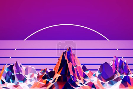 Photo for Colorful mountains landscape with light  sky. Outdoor nature background. 3d illustration of winter low-poly decoration. Game art concept - Royalty Free Image