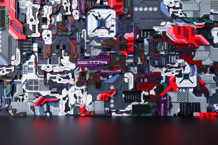 Foto de Ilustración 3D del primer plano de la colorida armadura cibernética en luces de neón. Gráficos abstractos en el estilo de los juegos de ordenador. - Imagen libre de derechos