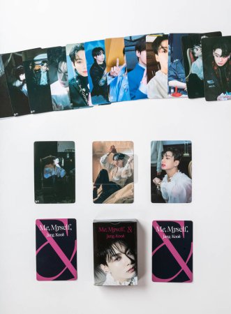 Photo for Novosibirsk, Russia -  April 03, 2023:    BTS merchandise;Korean k-pop boy band. photo cards of popular South Korean boy band BTS. - Royalty Free Image