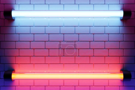 Photo for 3D illustration of a new  brick wall and a illuminated by neon blue  and orange lights - Royalty Free Image