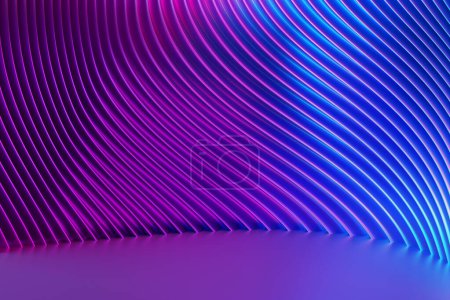 Photo for 3d illustration of a stereo strip of different colors. Geometric stripes similar to waves. Abstract  blue and pink glowing crossing lines pattern - Royalty Free Image