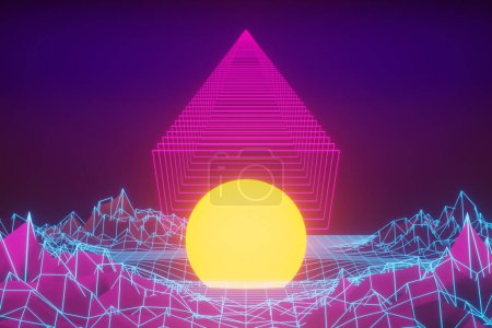 Photo for Futuristic retro landscape of the 80s. 3D illustration of the sun with mountains in retro style. Digital retro cyber surface. Suitable for 1980s style design. - Royalty Free Image