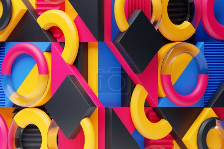 Photo for Geometric composition with different shapes. Dynamic set of realistic tori, rings, tubes. Modern background for product design show in multicolored color. 3d render illustration. - Royalty Free Image