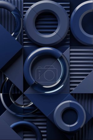 Photo for Geometric composition with different shapes. Dynamic set of realistic tori, rings, tubes. Modern background for product design show in  dark blue color. 3d render illustration. - Royalty Free Image