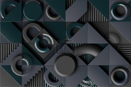 Photo for 3d rendering of realistic composition primitives. Abstract theme for trendy designs. Spheres, torus, squares, dots in black  colors. - Royalty Free Image