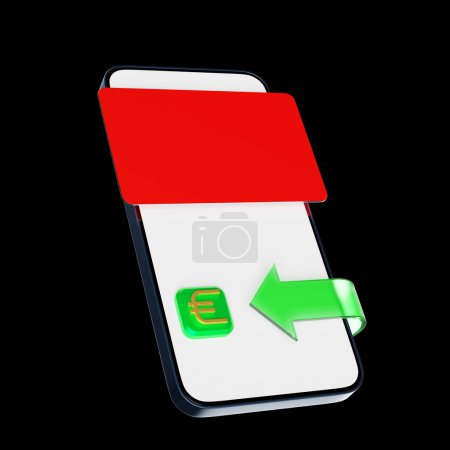 Téléchargez les photos : Illustration en 3D d'une icône en argent vert fluo euro dans un smartphone sur un fond noir isolé. Symbole de change, hausse des prix. - en image libre de droit