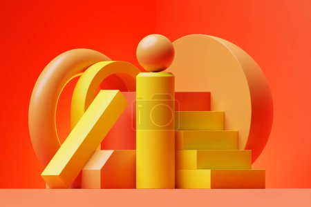 Foto de 3d ilustración de un podio círculo naranja de pie sobre el fondo de una composición geométrica. renderizado 3d. Fondo de geometría minimalista - Imagen libre de derechos