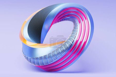 Colorful  futuristic neon torus donut on purple  isolated background. 3D rendering