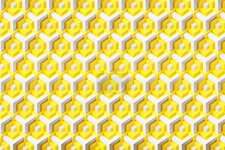 Téléchargez les photos : Illustration 3d motif jaune et blanc dans un style ornemental géométrique. Fond géométrique abstrait, texture. Motif plancher mosaïque - en image libre de droit
