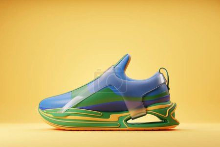 Foto de Colorful sneakers  on the sole. The concept of bright fashionable sneakers, 3D rendering. - Imagen libre de derechos