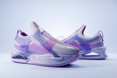 Téléchargez les photos : 3d illustration of sneakers with bright gradient holographic print. Stylish concept of stylish and trendy sneakers - en image libre de droit