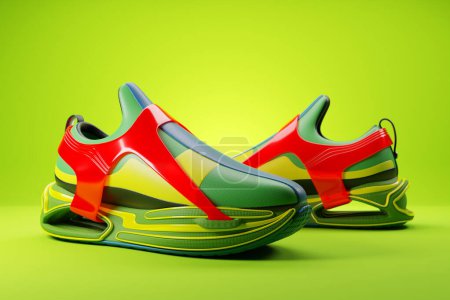 Téléchargez les photos : 3d illustration rouge et vert nouvelles baskets de sport sur une énorme semelle en mousse, baskets dans un style laid. Baskets tendance. - en image libre de droit