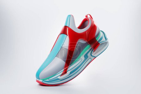 Foto de 3d ilustración azul y rojo nuevas zapatillas deportivas en una suela de espuma enorme, zapatillas de deporte en un estilo feo. Zapatillas de deporte de moda. - Imagen libre de derechos