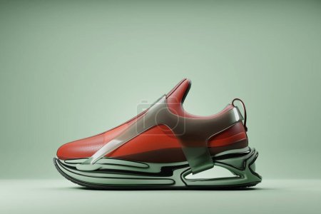 Photo for 3d illustration  green and red  new sports sneakers  on a huge foam sole, sneakers in an ugly style. Fashionable sneakers. - Royalty Free Image
