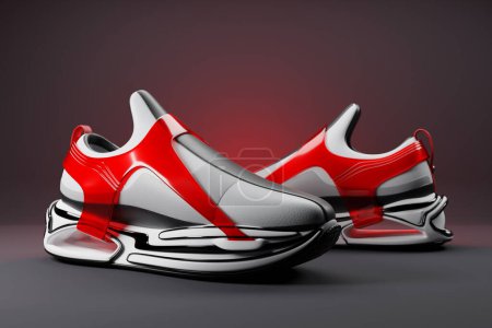Photo for 3d illustration  red and gray new sports sneakers  on a huge foam sole, sneakers in an ugly style. Fashionable sneakers. - Royalty Free Image