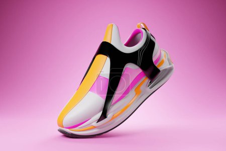 Téléchargez les photos : 3d illustration   colorful  new sports sneakers  on a huge foam sole, sneakers in an ugly style. Fashionable sneakers. - en image libre de droit