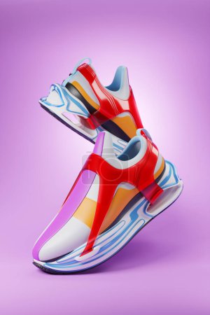 Photo for 3d illustration of colorful   sneakers with foam soles and closure under neon color on a purple   background. Sneakers side view. Fashionable sneakers. - Royalty Free Image