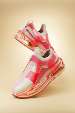 Téléchargez les photos : 3d illustration of sneakers with bright gradient holographic print. Stylish concept of stylish and trendy sneakers - en image libre de droit