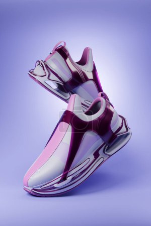 Foto de 3d illustration  purple new sports sneakers  on a huge foam sole, sneakers in an ugly style. Fashionable sneakers. - Imagen libre de derechos