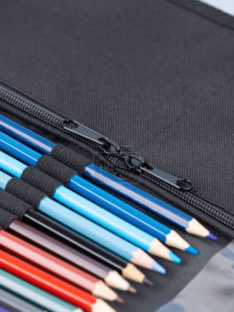 Photo for A set of professional pencil in a  black  case on a light background. - Royalty Free Image