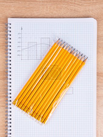 Photo for Close-up of a yellow slate pencil lying on a checkered notebook, ready to start work - Royalty Free Image