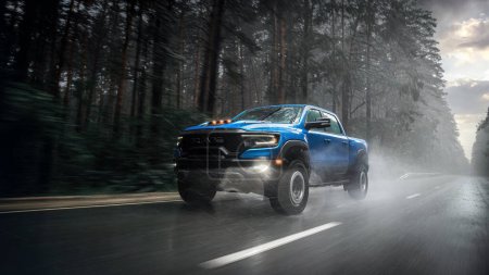  Nowosibirsk, Russland - 27. Juli 2023: blauer Dodge Ram Trx Havok Edition, Pickup fahren im Park, Seitenansicht