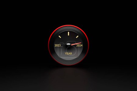 Photo for 3D illustration close up black speedometer with cutoffs 2023,2024. The concept of the new year and Christmas in the automotive field. Counting months, time until the new yea - Royalty Free Image