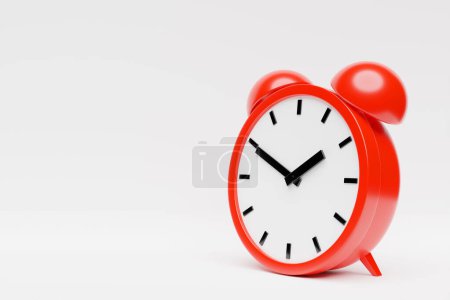 Téléchargez les photos : 3d Illustration d'un réveil rouge à double cloche sur fond blanc. Image conceptuelle d'un réveil, rendu 3d - en image libre de droit