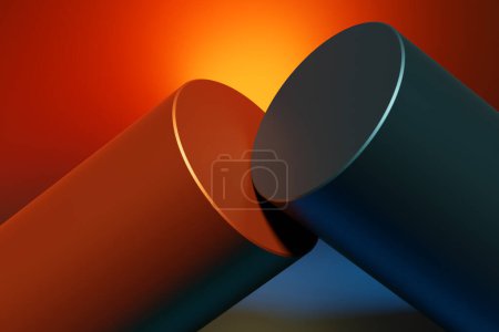 Téléchargez les photos : Illustration 3D des tuyaux colorés d'une forme inhabituelle, pliés dans différentes directions, se tiennent en rangée sur un fond orange - en image libre de droit