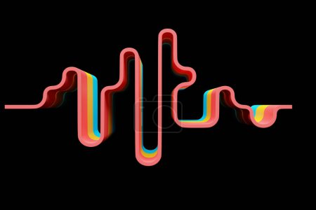Téléchargez les photos : Illustration 3D d'une vague abstraite colorée sur fond noir. Reconnaissance vocale, égaliseur, enregistreur audio. Bouton micro avec onde sonore. Symbole de la technologie intelligente - en image libre de droit