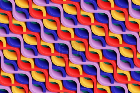 Téléchargez les photos : Illustration 3D d'une bande stéréo de différentes couleurs. Bandes géométriques semblables à des vagues. Modèle abstrait de lignes de croisement lumineuses colorées - en image libre de droit