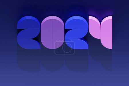 Téléchargez les photos : Bonne année 2024. Nombres volumétriques multicolores de 2024 sur fond bleu. Fond de Noël à la mode. Illustration 3D réaliste - en image libre de droit