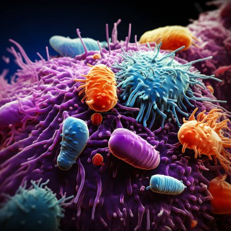 Téléchargez les photos : Gros plan de bactéries 3D multicolores sous micrographie électronique à balayage couleur. générer Ai - en image libre de droit