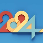 2024 new year card with 3d realistic year number on  blue  background. 3D illustration. Volumetric figures 2024 at an angle, space for text for New Year's greetings, New Year's corporate banner