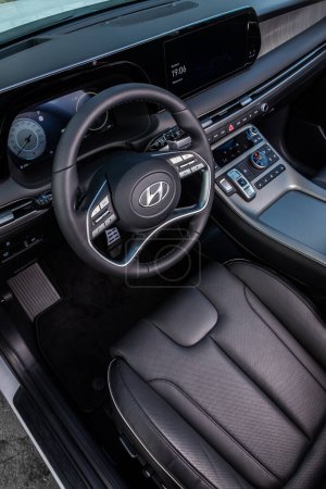 Photo for Novosibirsk/ Russia  September 08 2023:   Hyundai Palisade, car Interior  steering wheel with  logo    and  speedometer and tachometer - Royalty Free Image